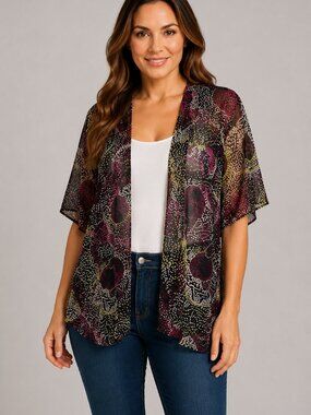 Christopher & Banks XL Sheer Open Front Cardigan Abstract Print Handkerchief Hem
